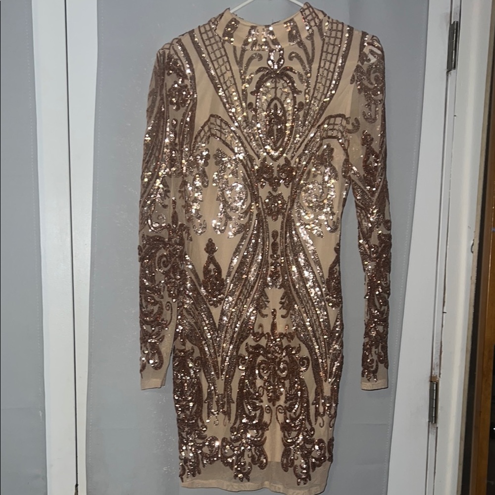 Elegant Sequin Embellished Dress - Brown